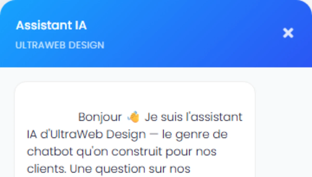 Le chatbot IA d'UltraWeb Design en action, avec des questions suggérées