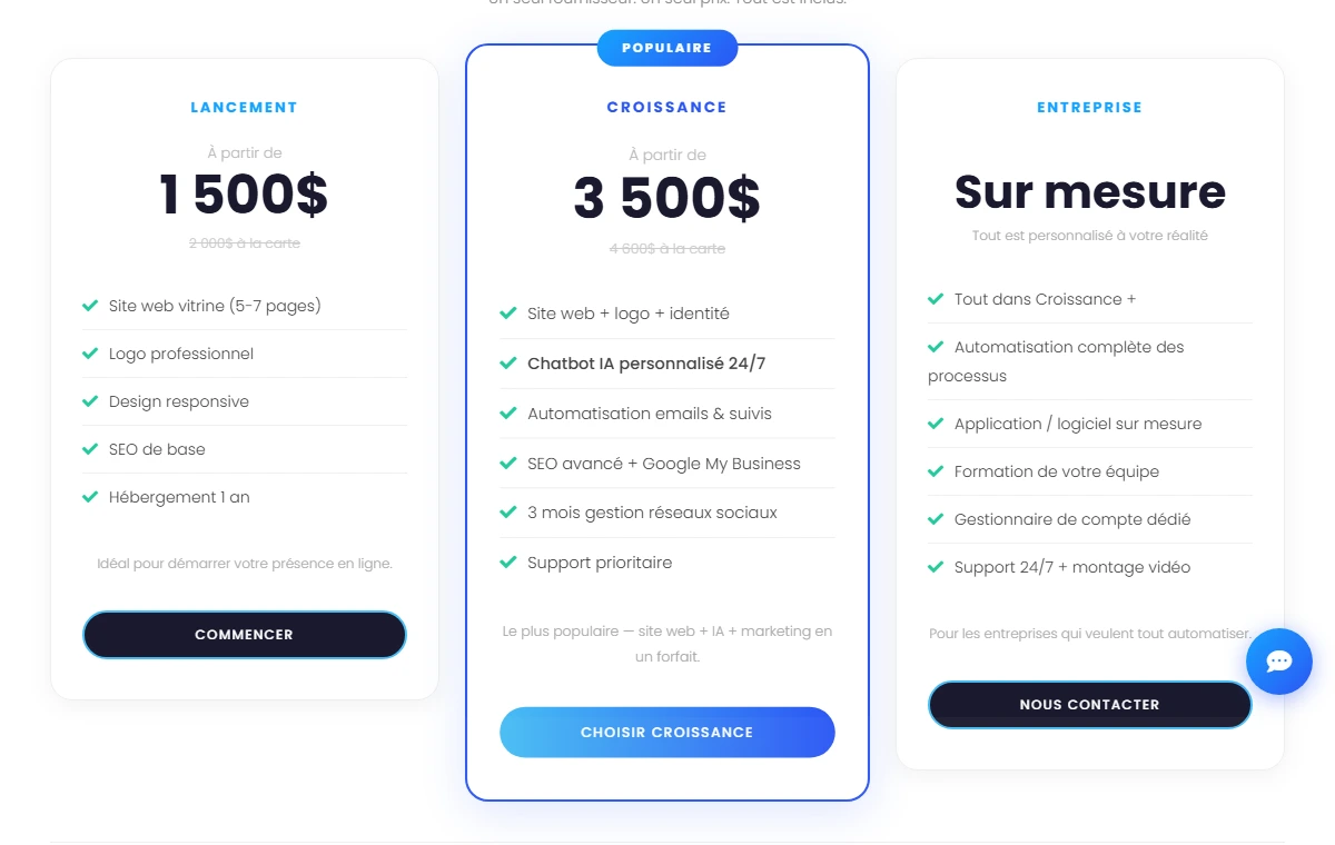 Les trois forfaits web d'UltraWeb Design avec leurs prix affichés