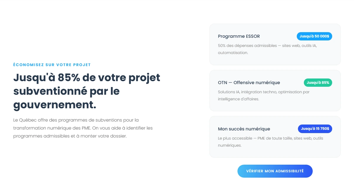 Programmes de subventions québécois ESSOR, OTN et Mon succès numérique